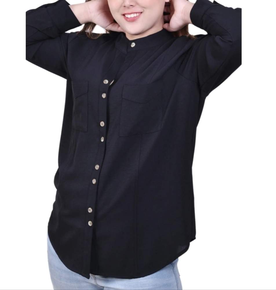 NY Collection Mandarin Collar Long Sleeve Button Front Shirt, 1X
